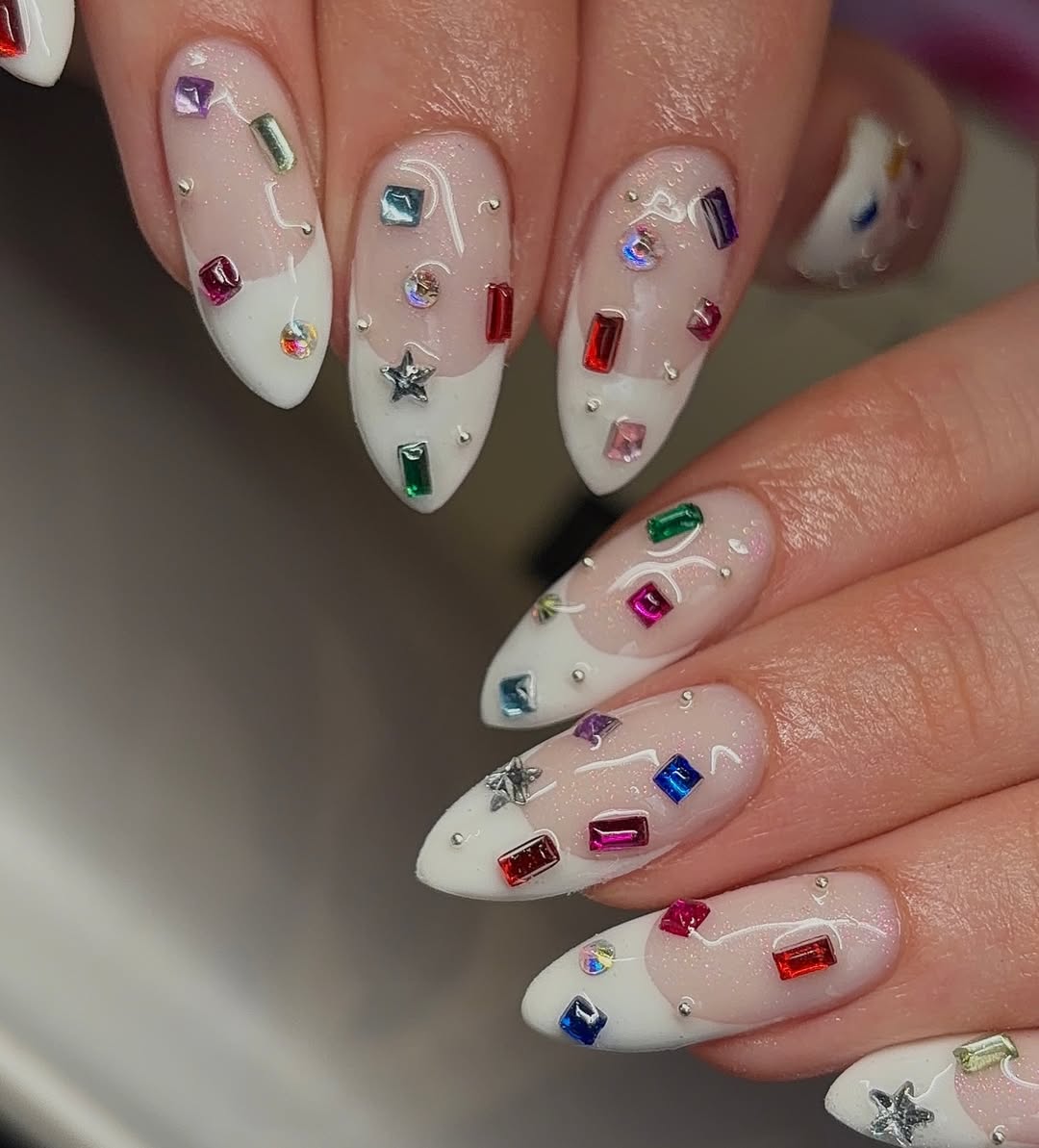Gemstone Sparkle French Tips With Embellishments