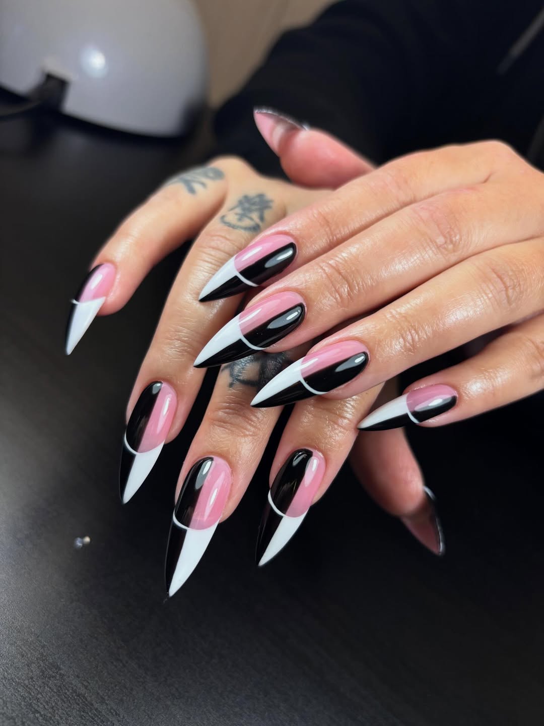 Geometric Black and White Stiletto French Tips