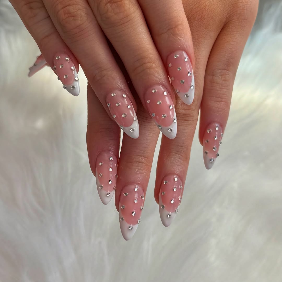 Glam Crystal French Tip Almond Nails