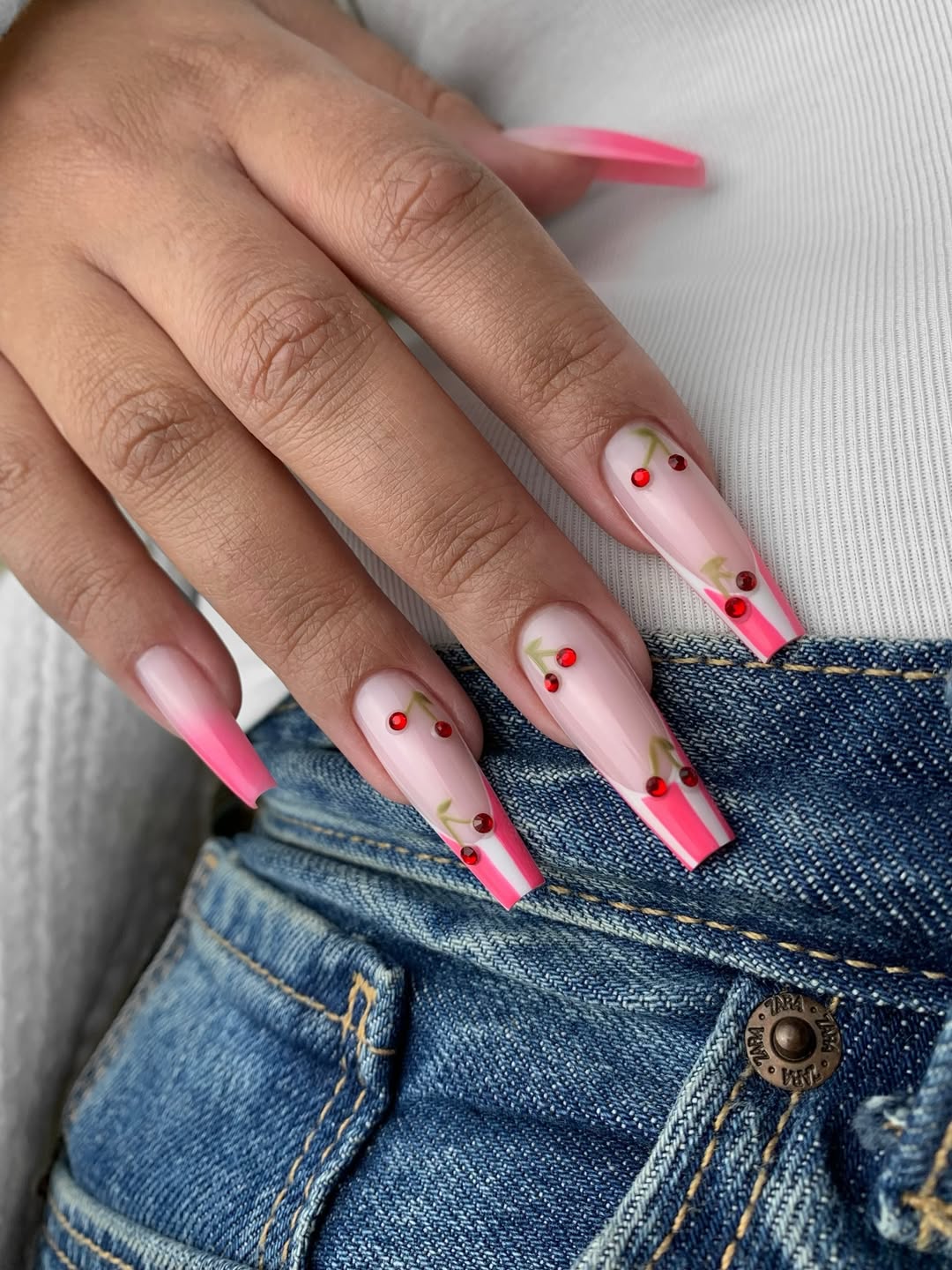 Glamorous Cherry Pop French Tip Coffin Nails
