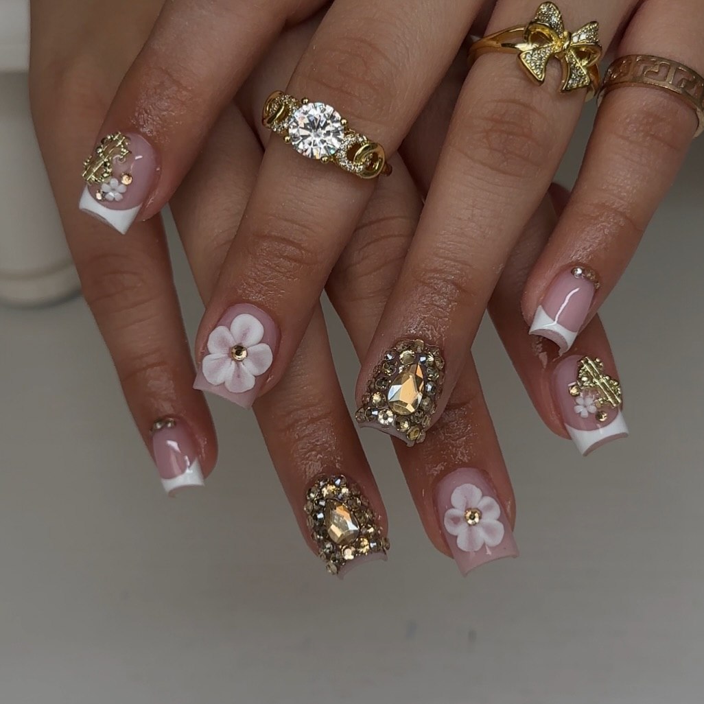 Glamorous French Tips with Rhinestones and Flowers