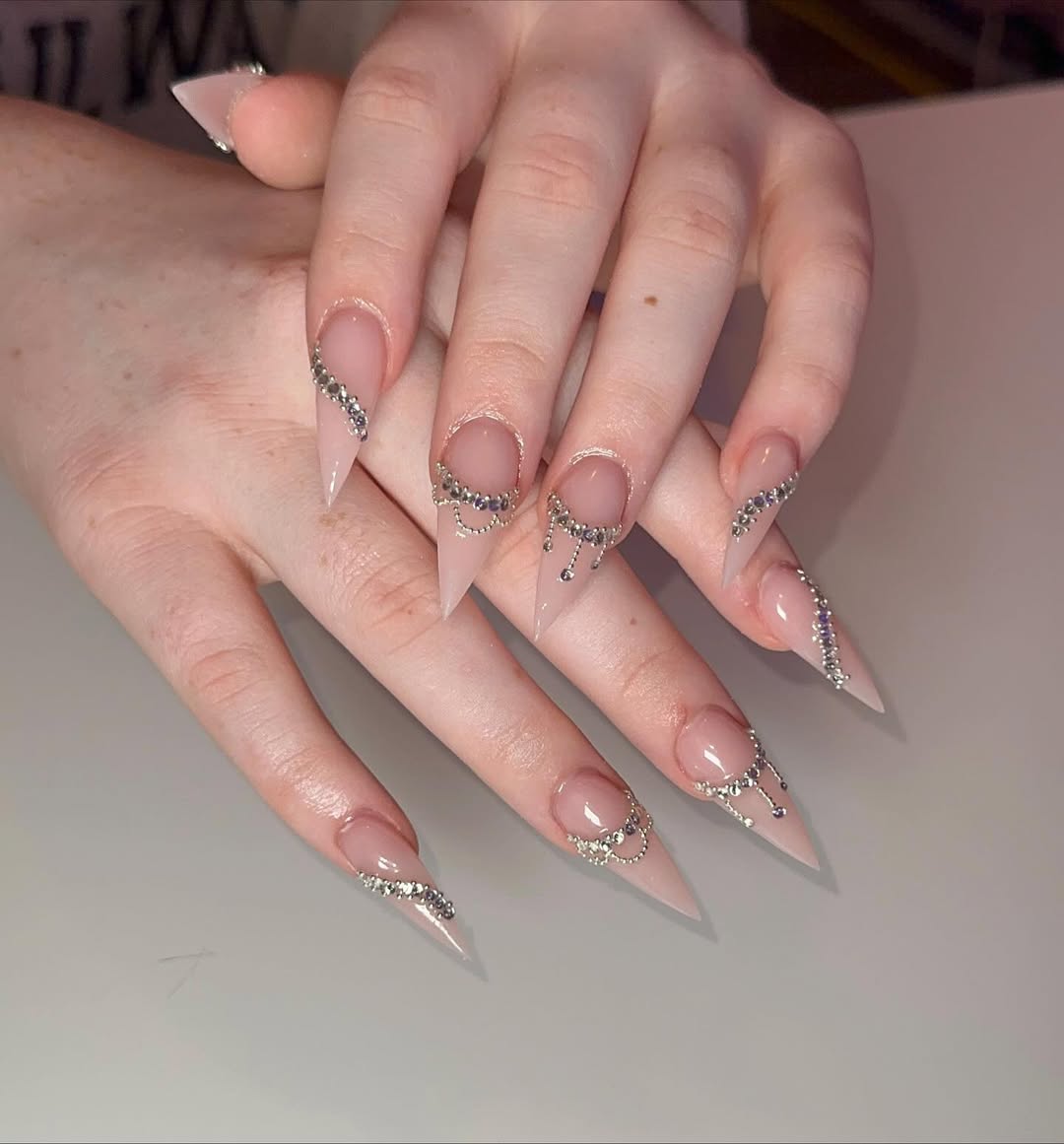 Glamorous Nude Crystal Stiletto Drip Nails