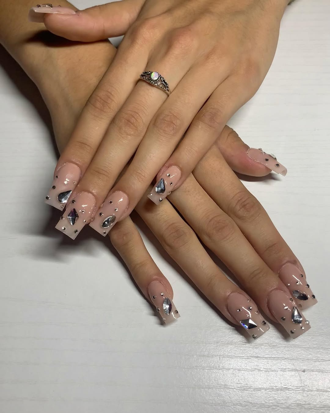 Glamorous Nude Rhinestone Square Coffin Nails