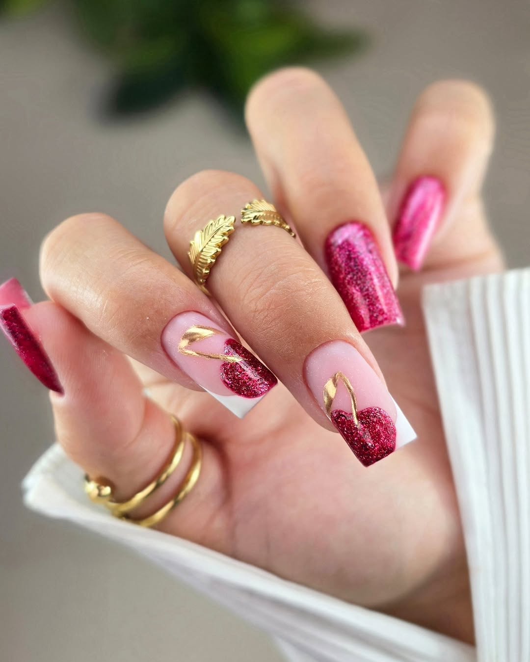 Glamorous Red Glitter Cherry French Tip Nails