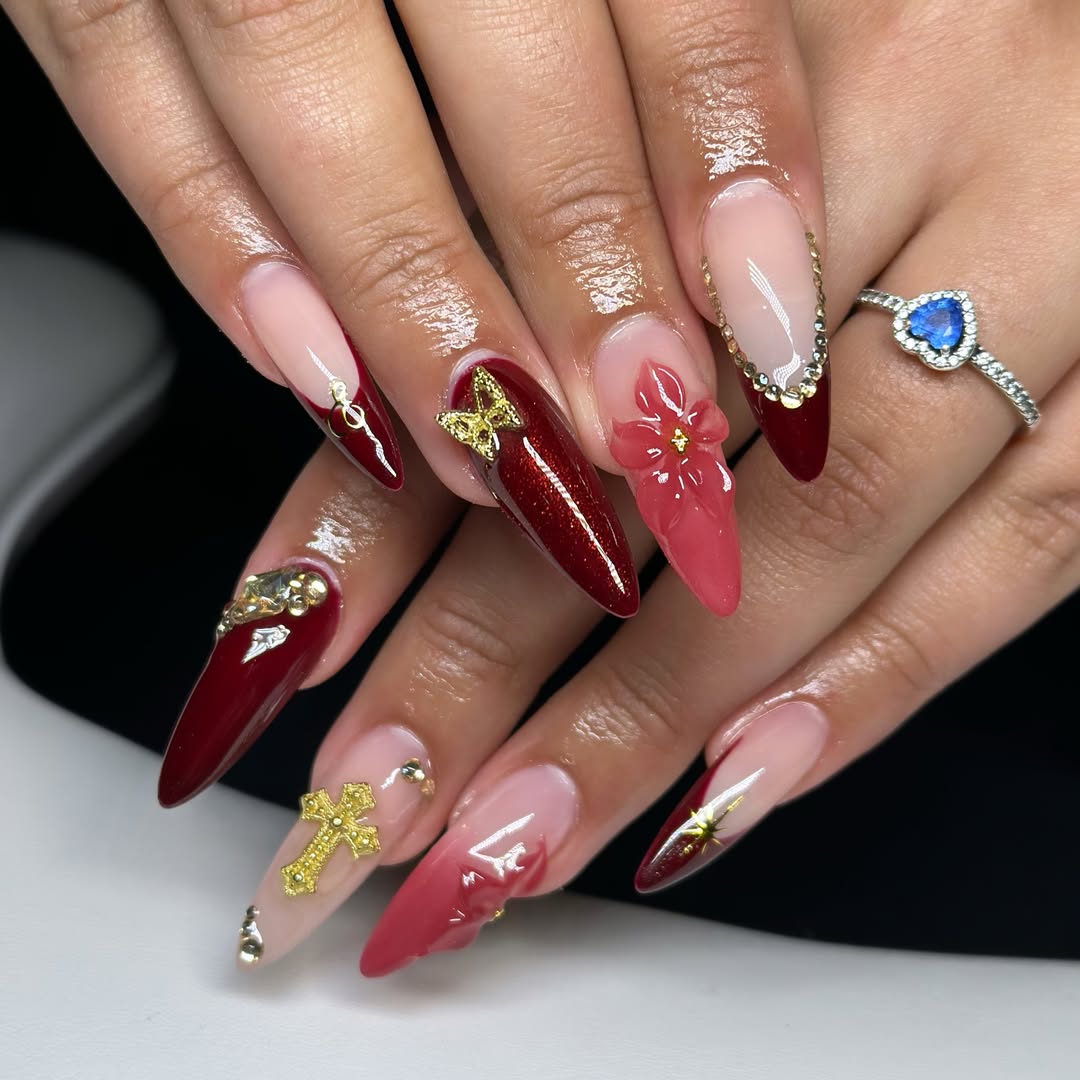 Glamorous Red Stiletto Rhinestone and Charm Nails