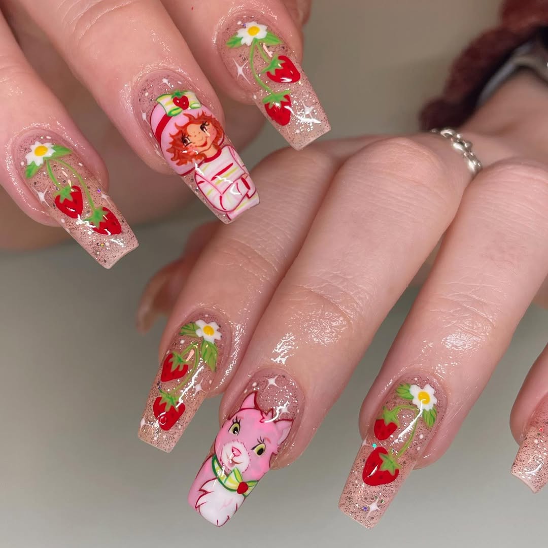 Glitter French Tip Strawberry Shortcake Character Nails