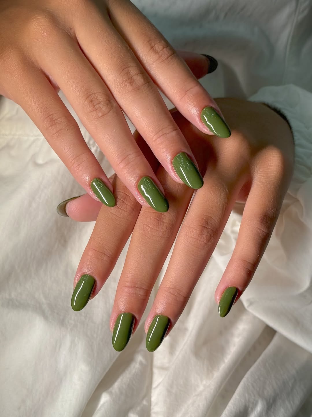 Glossy Army Green Medium Oval Nails