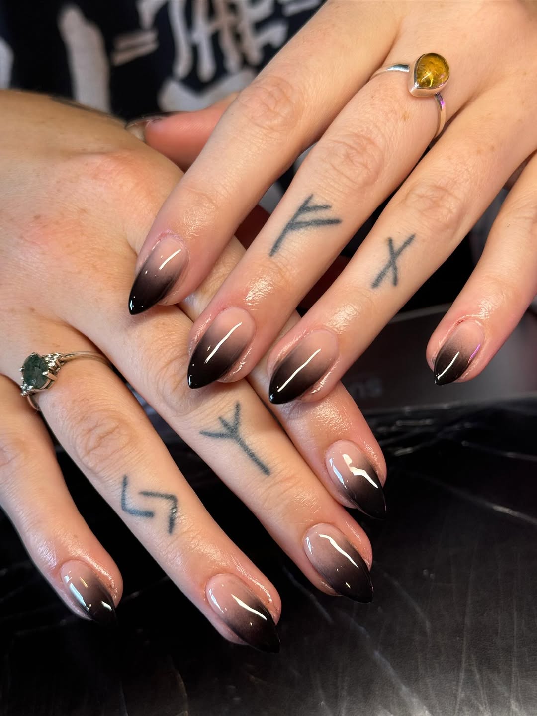 Glossy Black Ombre Almond Nails