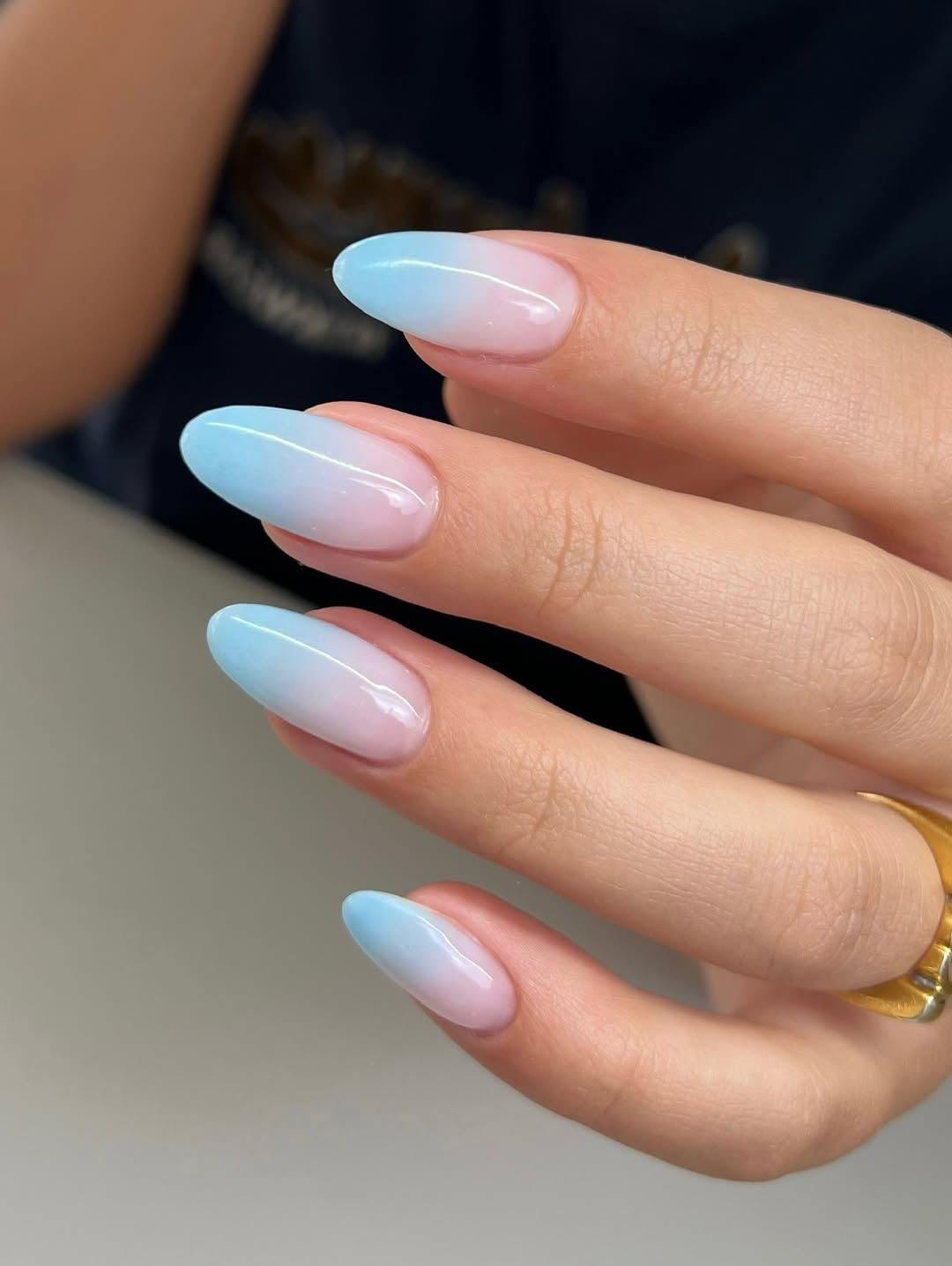 Glossy Blue and Pink Ombre Almond Gel Nails