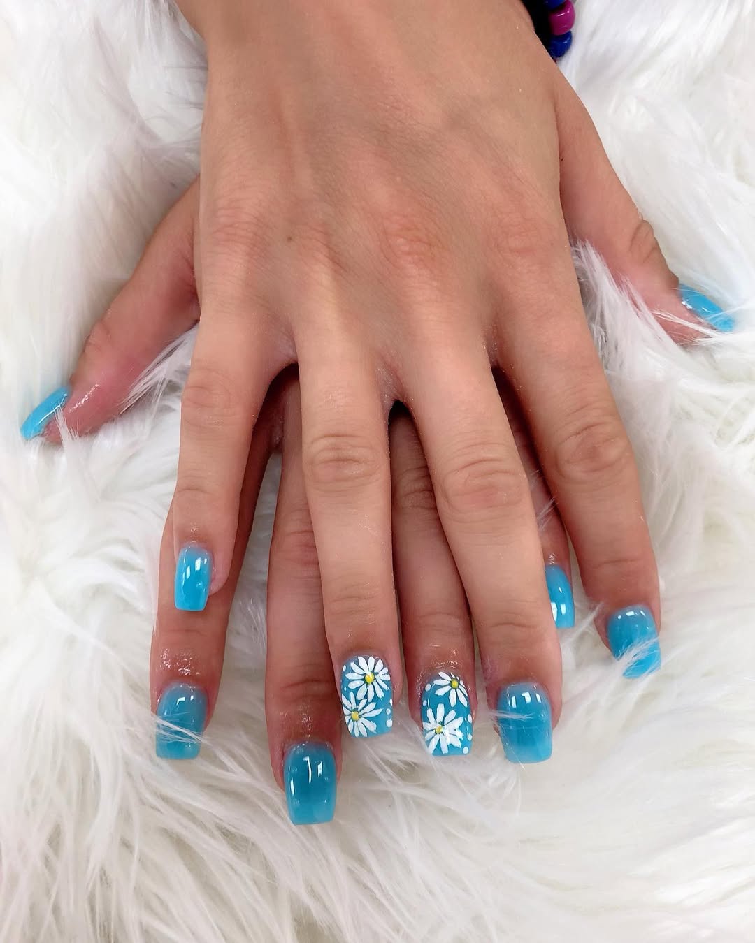 Glossy Blue Jelly Square Nails With Daisy Art