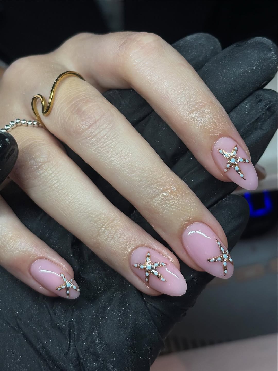 Glossy Bubblegum Pink Almond Nails with Starfish Charms