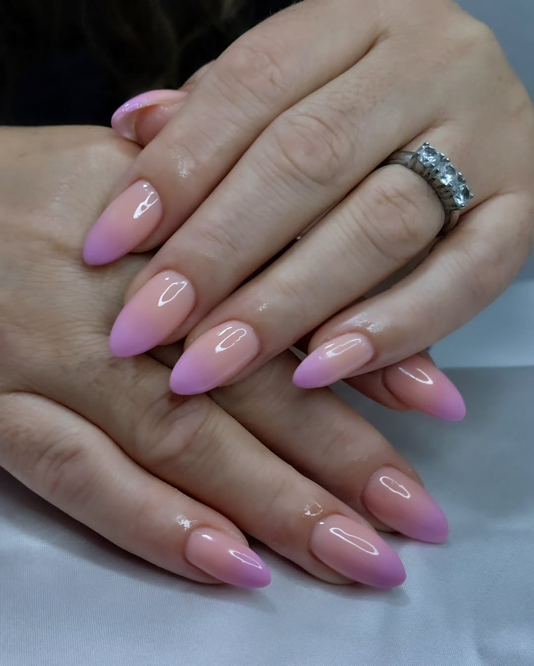 Glossy Bubblegum Pink Lilac Ombre Almond Nails