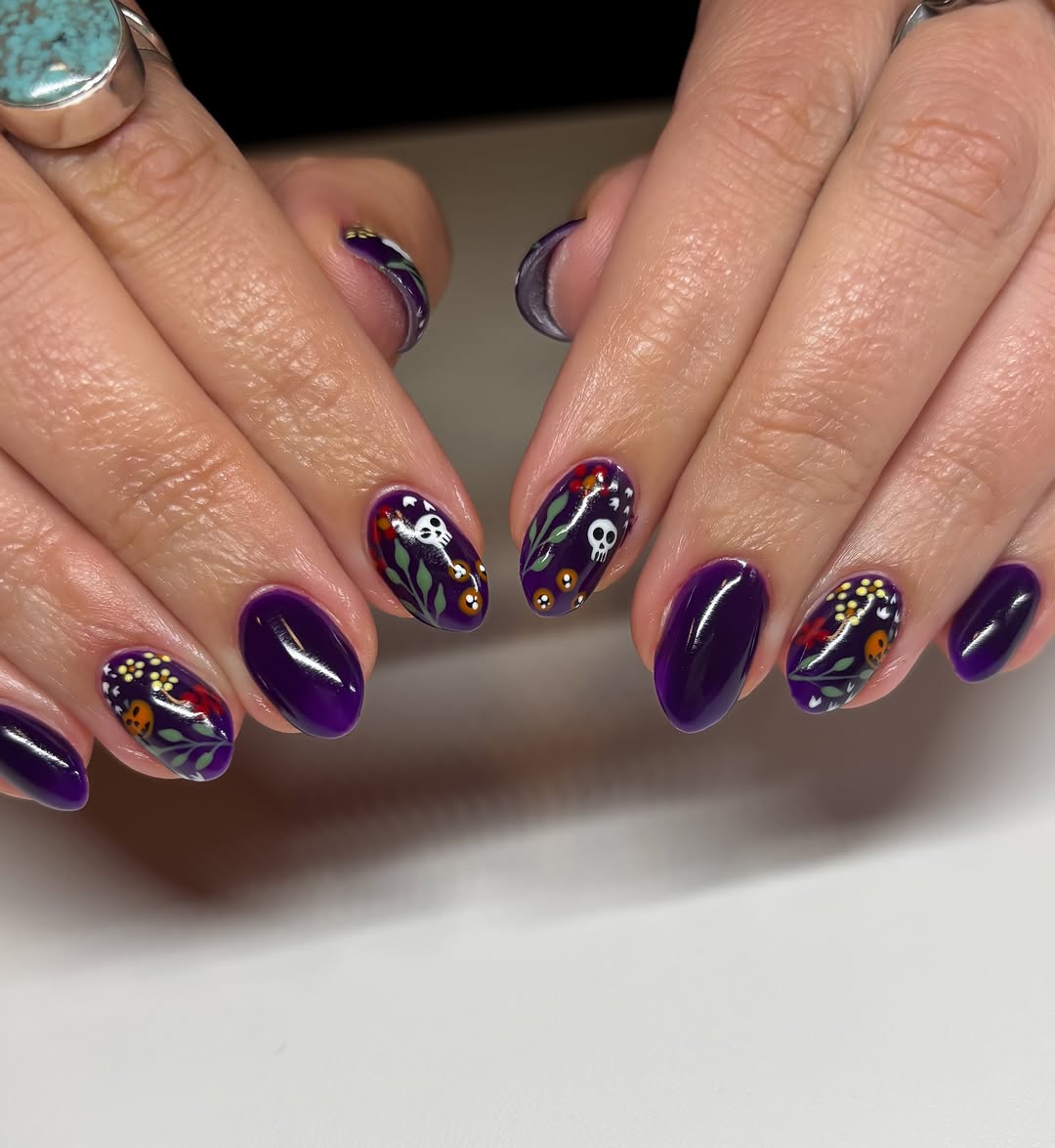 Glossy Dark Purple Day of the Dead Nails