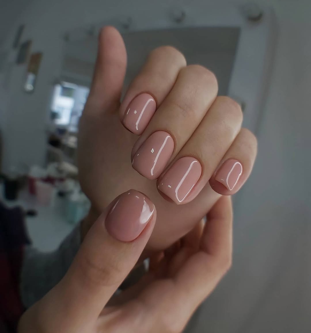 Glossy Dusty Rose Short Round Nails