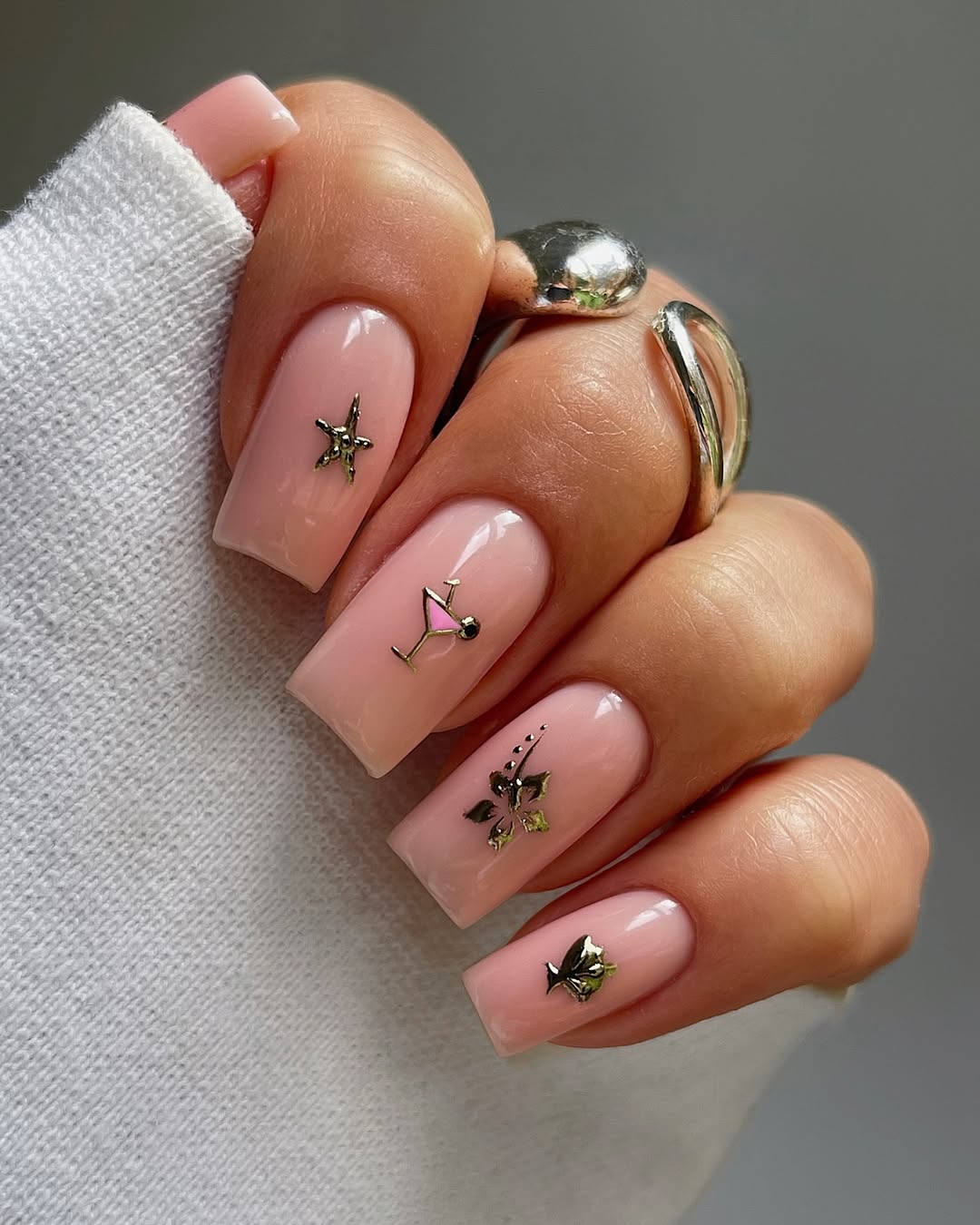 Glossy Nude Jelly Square Nails with 3D Charms