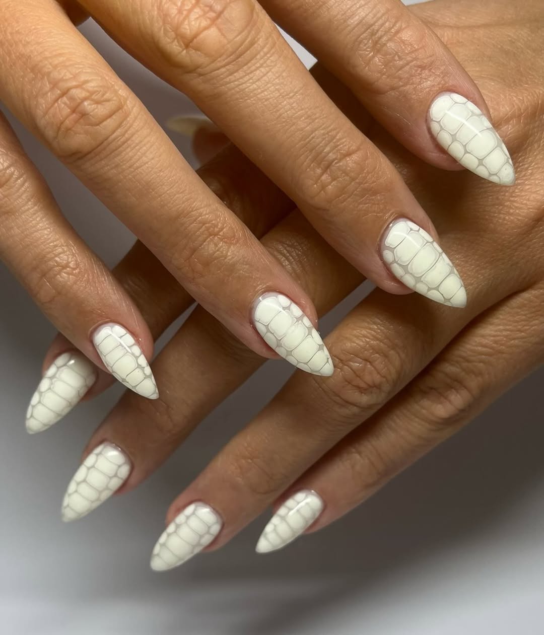 Glossy Off-White Python Print Stiletto Nails