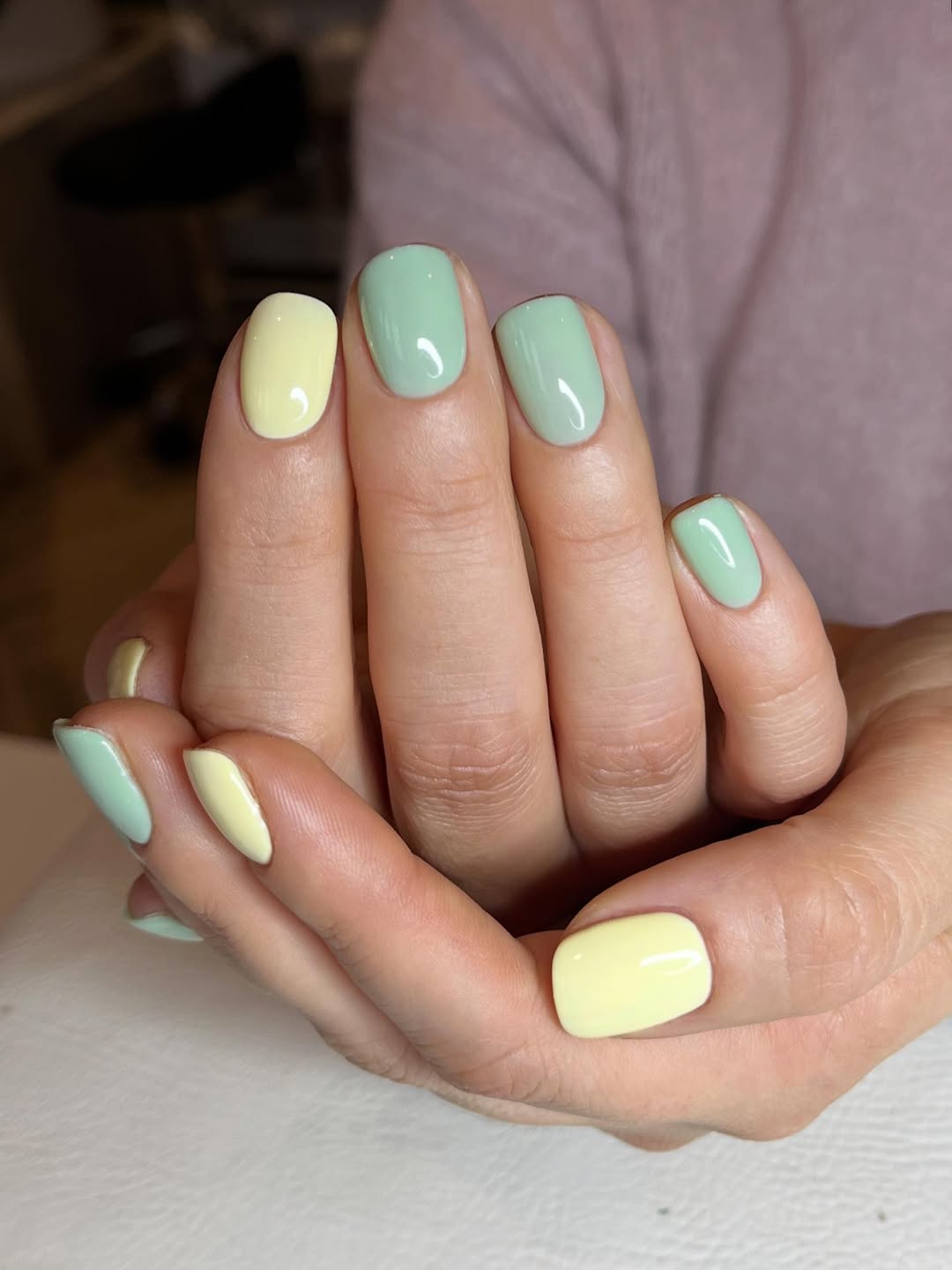 Glossy Pastel Yellow And Green Mismatched Short Squoval Nails