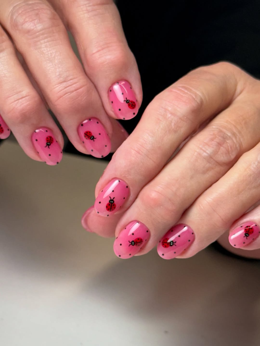 Glossy Pink Ladybug Polka Dot Nails