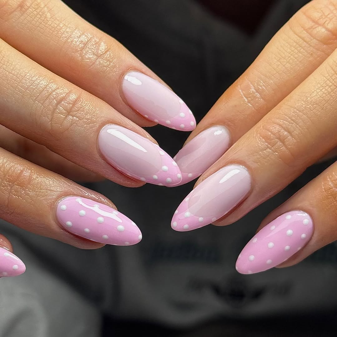Glossy Pink Polka Dot French Tip Almond Nails