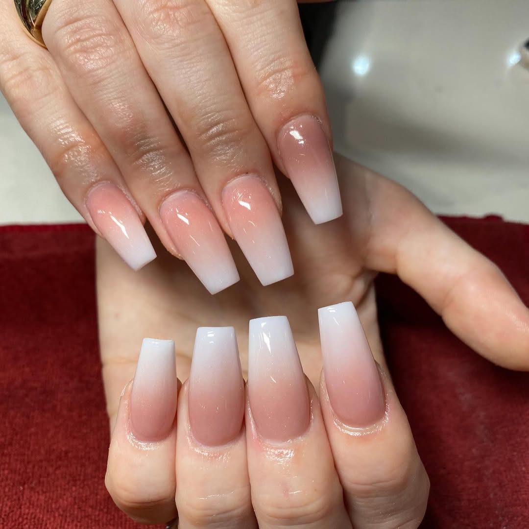 Glossy Pink to White Ombre Coffin Nails