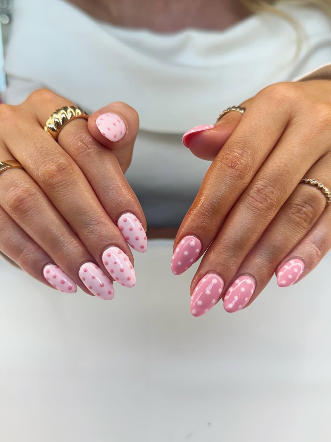 Glossy Pink with White Polka Dots Almond Nails