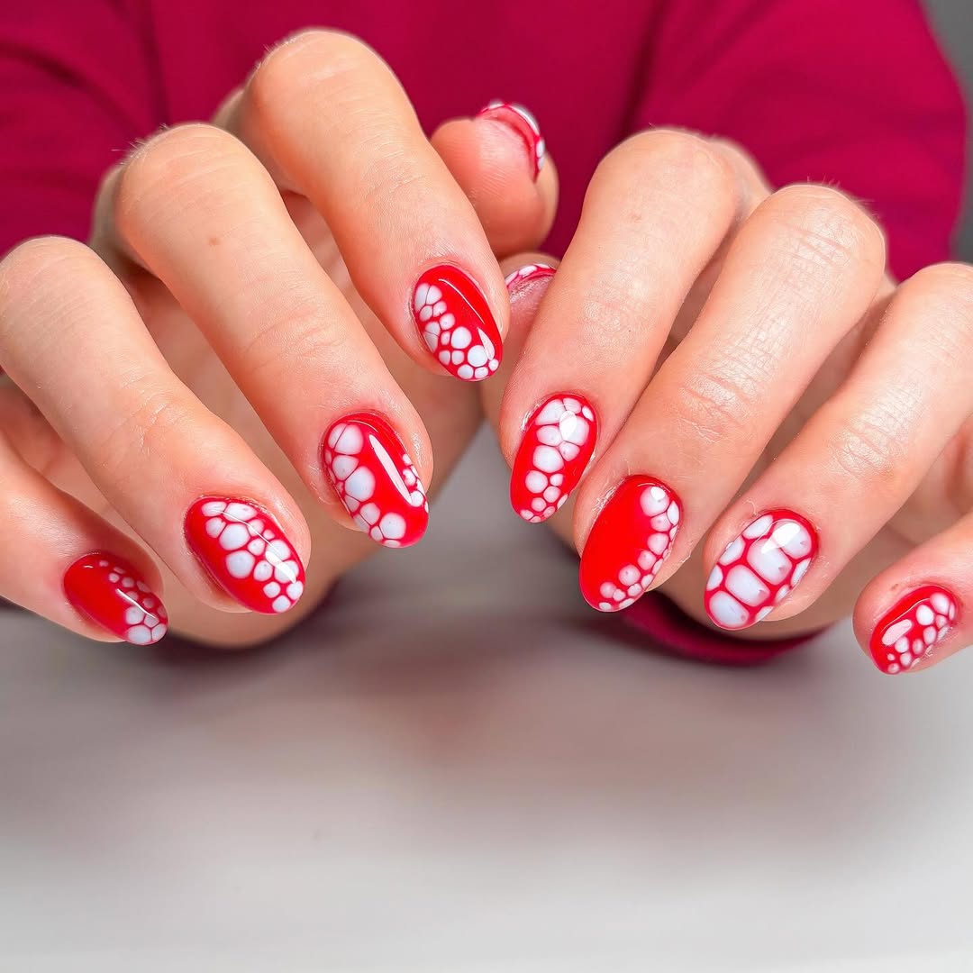 Glossy Red Bubble Effect Oval Nails
