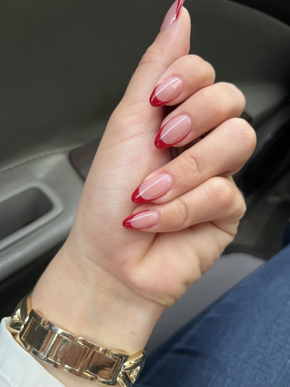 Glossy Red Traditional French Tip Oval Nails