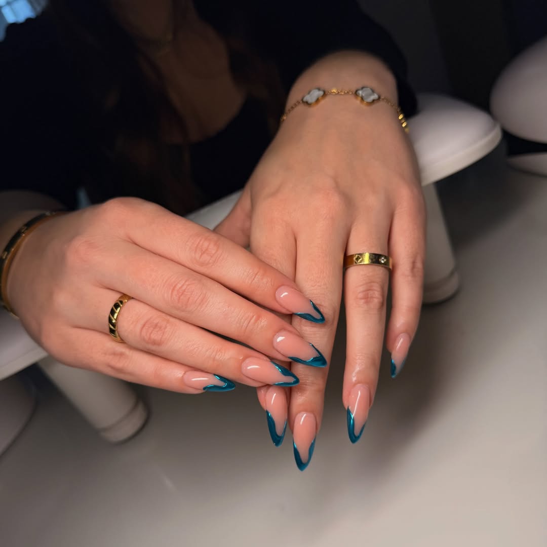 Glossy Teal Metallic V-Cut French Tips