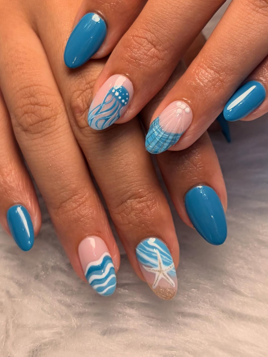 Glossy Teal Ocean Art Oval Nails