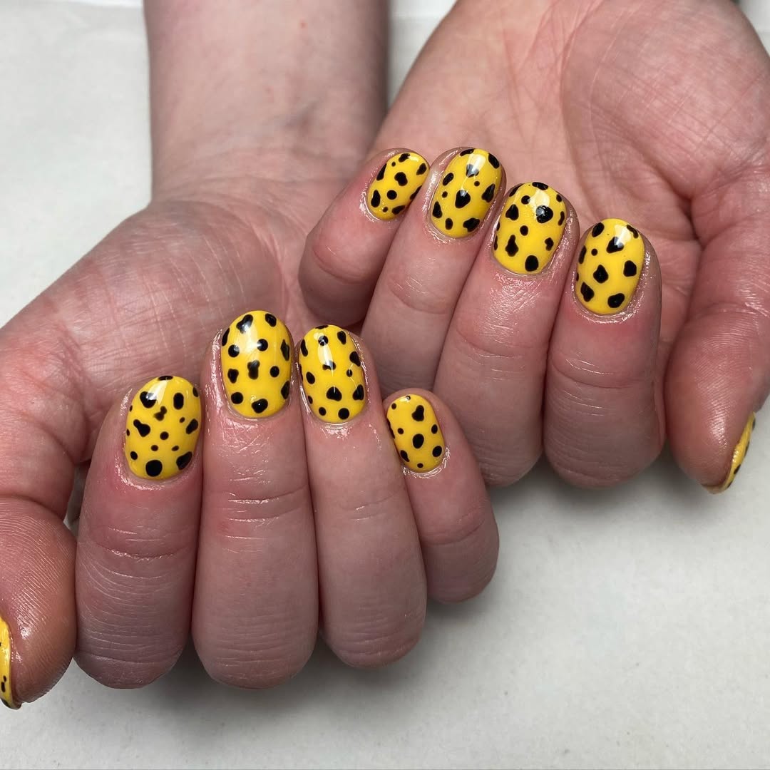 Glossy Yellow Dalmatian Print Short Oval