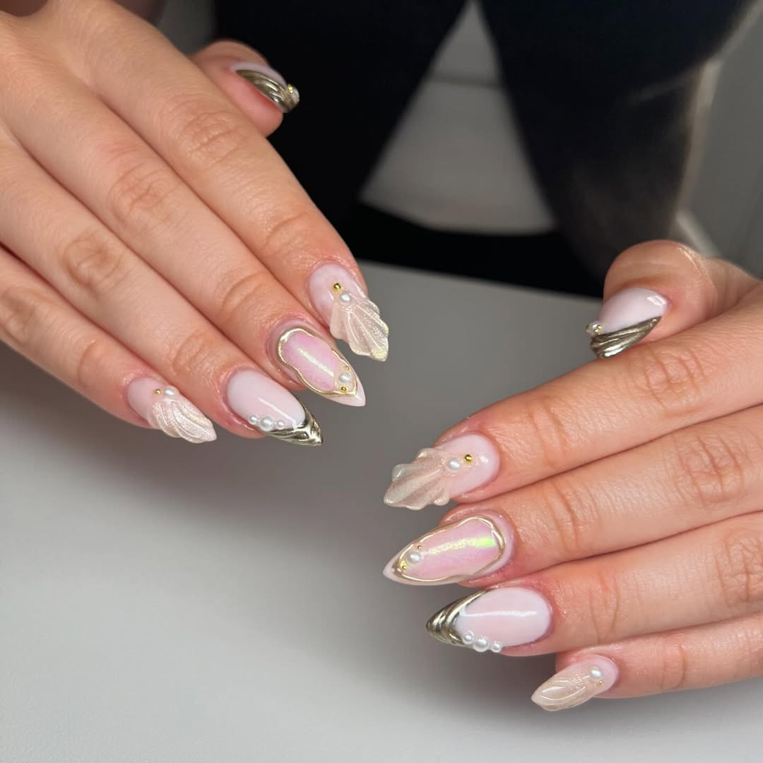 Gold Trim Translucent Shell Nails with Pearls