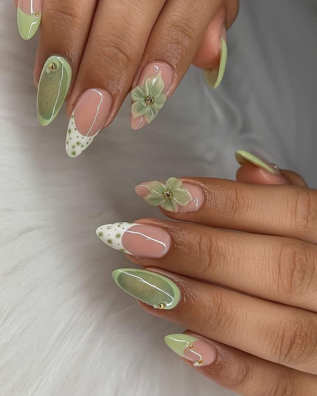 Gorgeous Green Floral French Tips with Swirls