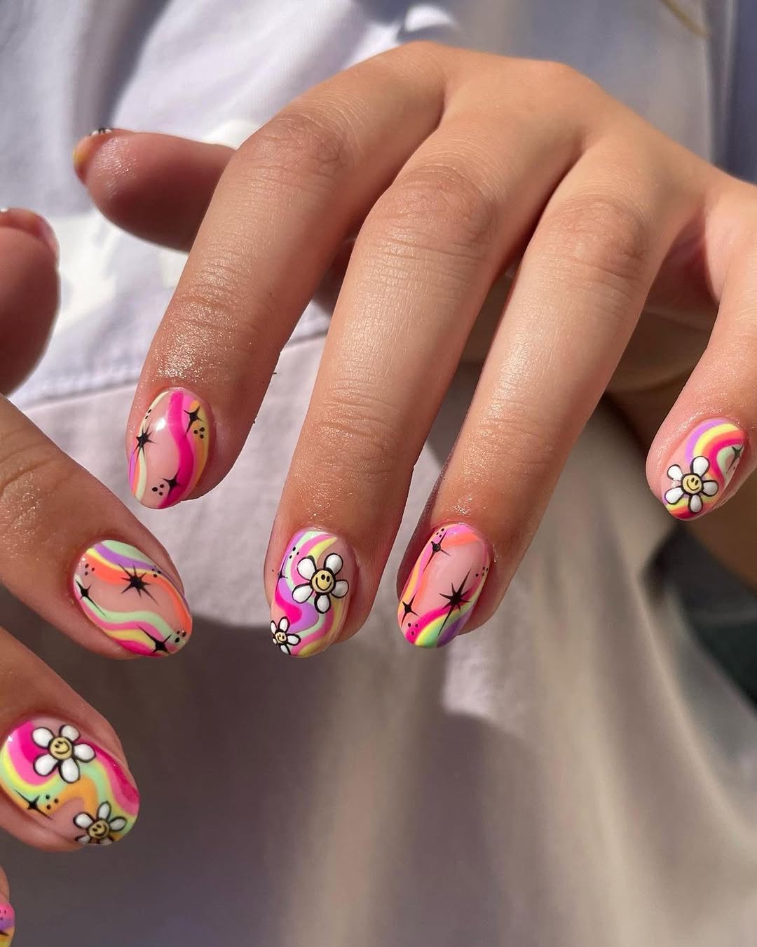 Groovy Swirl Smiley Face Summer Nails