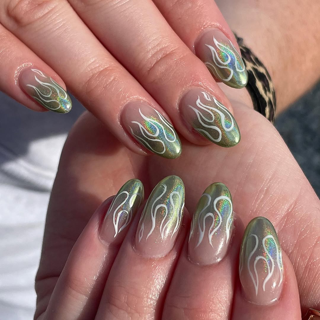 Holographic Green Flame Nail Art Short Oval