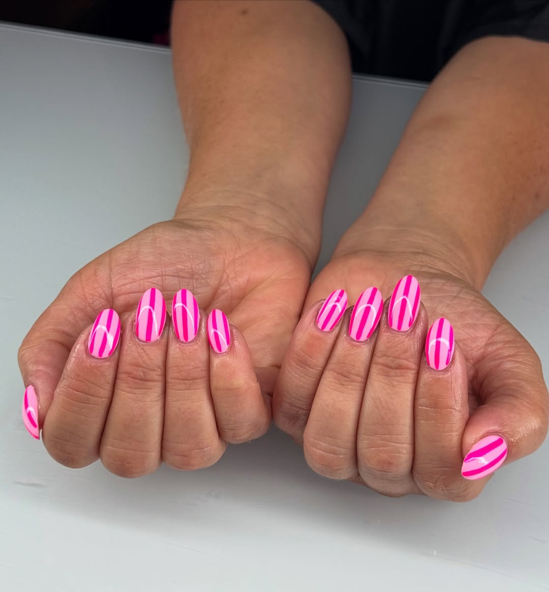 Hot Pink and Light Pink Striped Oval Nails