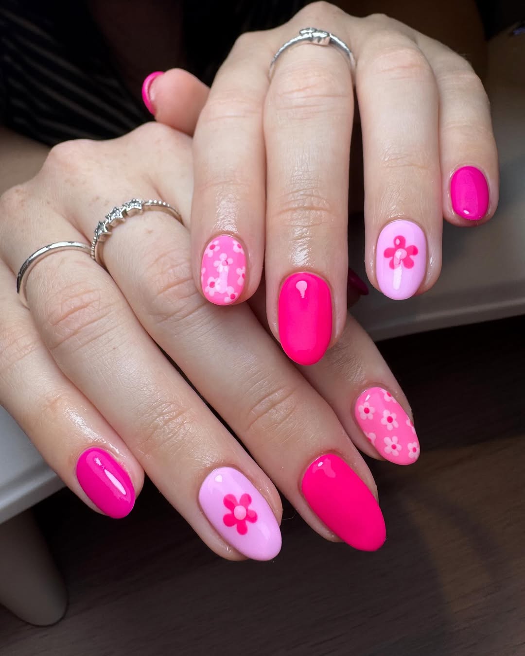 Hot Pink and Pastel Floral Mix-and-Match Oval Nails