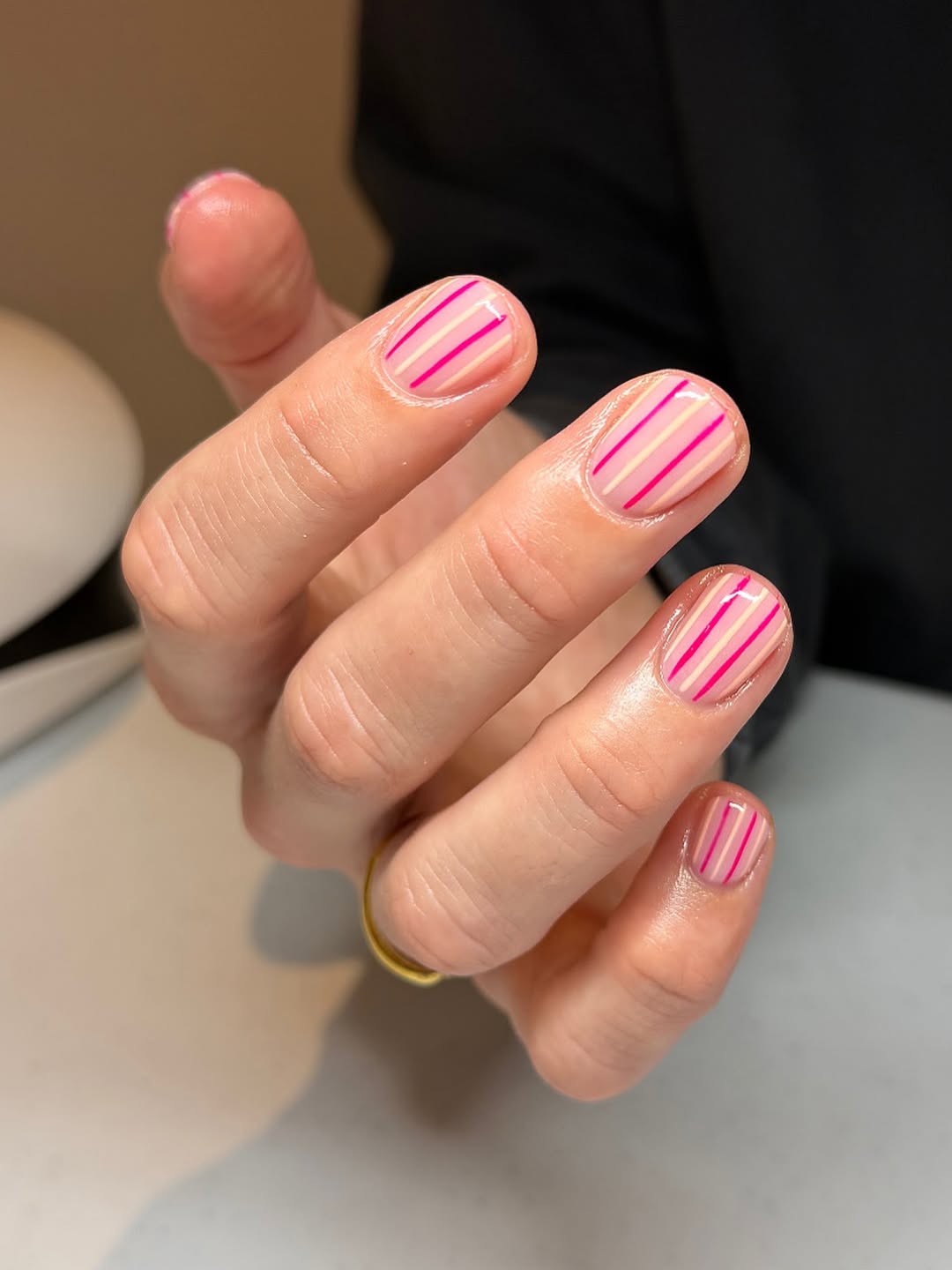 Hot Pink And Peach Striped Short Round Nails