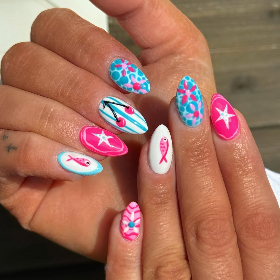Hot Pink Aqua Blue White Summer Vacation Nails With Art
