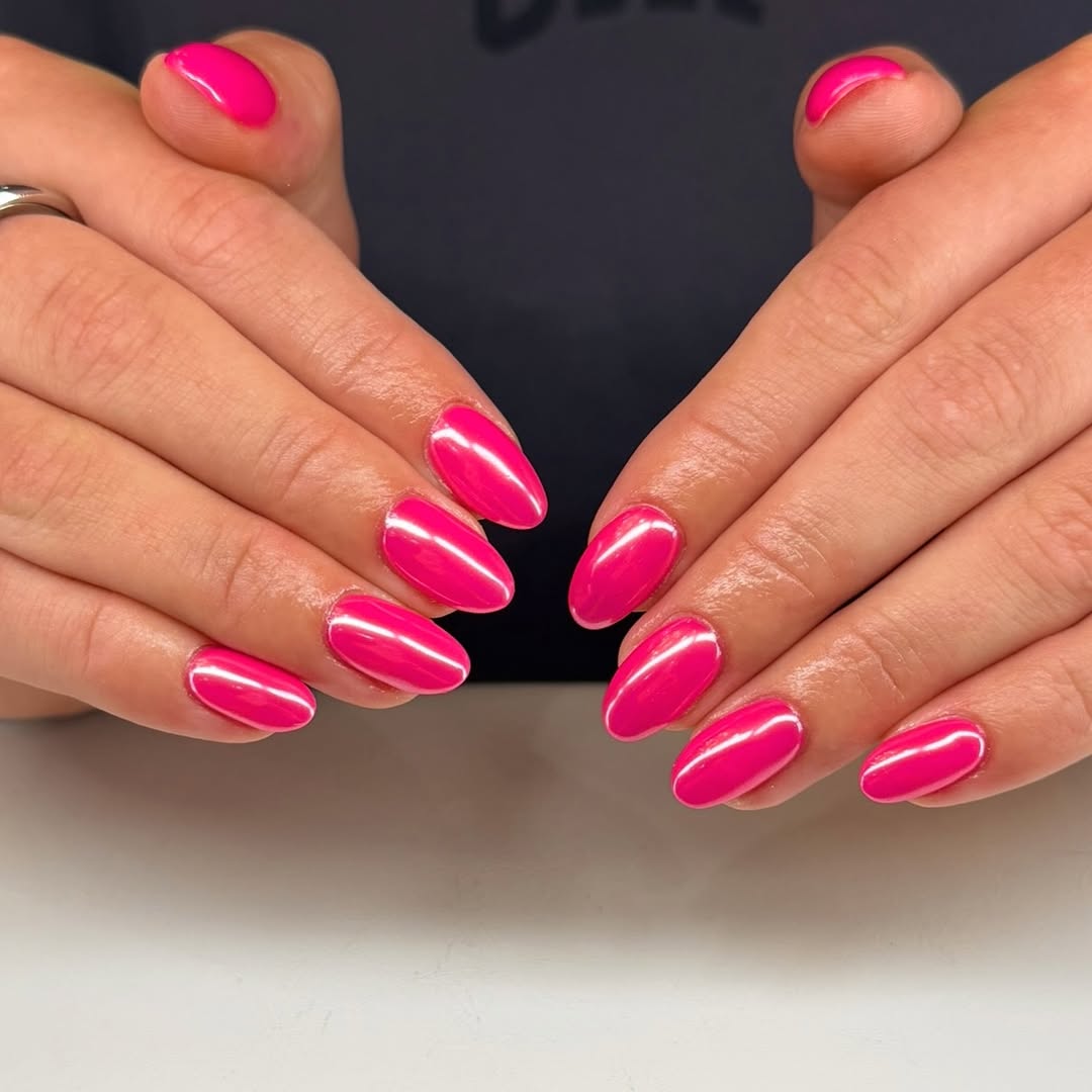 Hot Pink Chrome Oval Nails