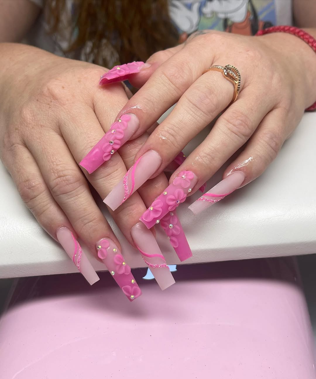 Hot Pink Coffin Ombre with 3D Floral Accents
