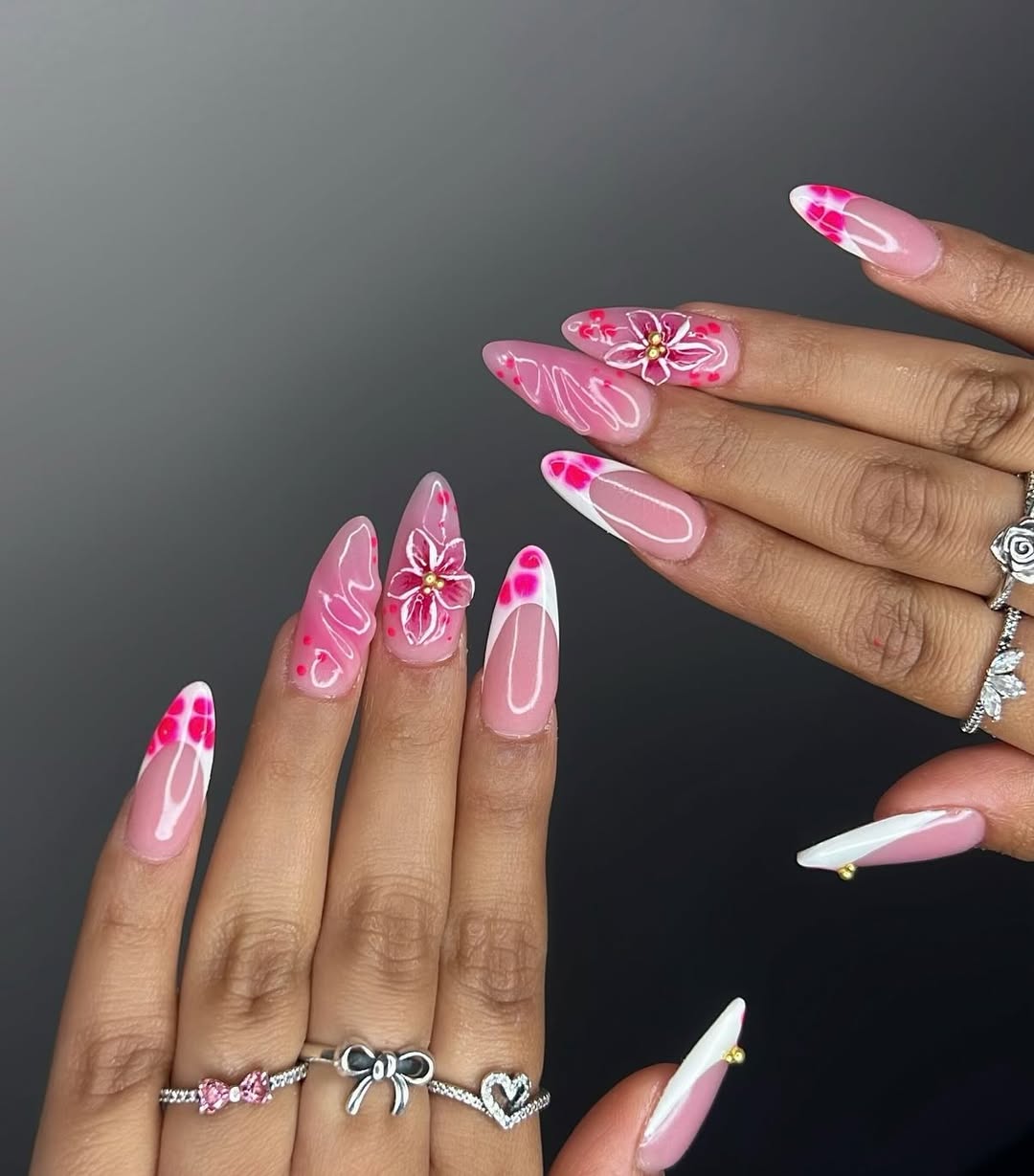 Hot Pink French Tips with 3D Floral Accents