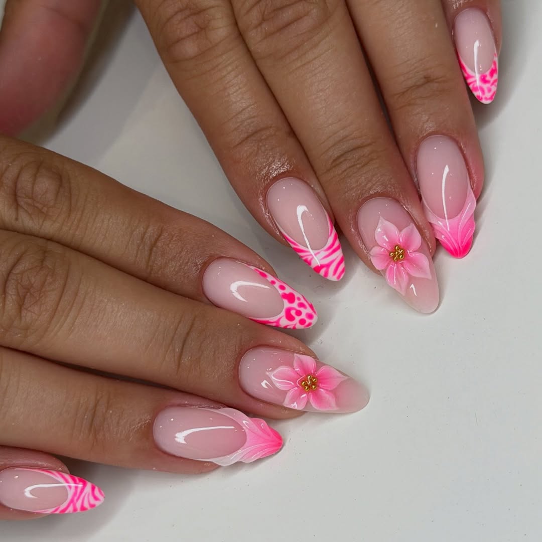 Hot Pink French Tips with 3D Flowers