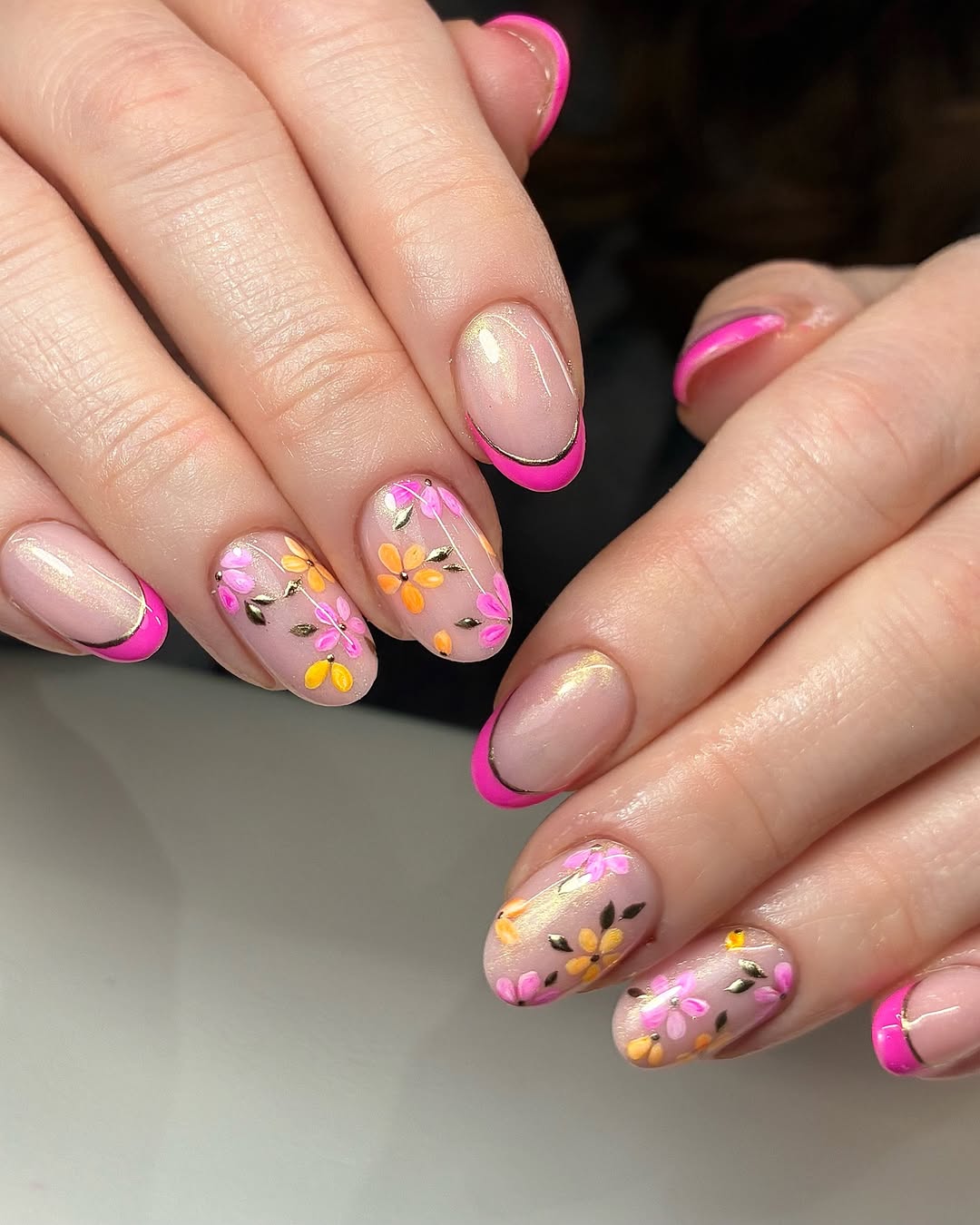 Hot Pink French Tips with Floral Nail Art