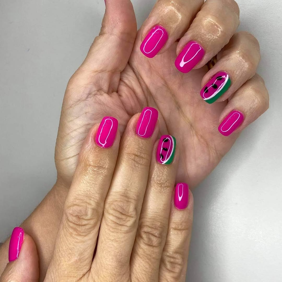 Hot Pink Gel Nails Watermelon Accent