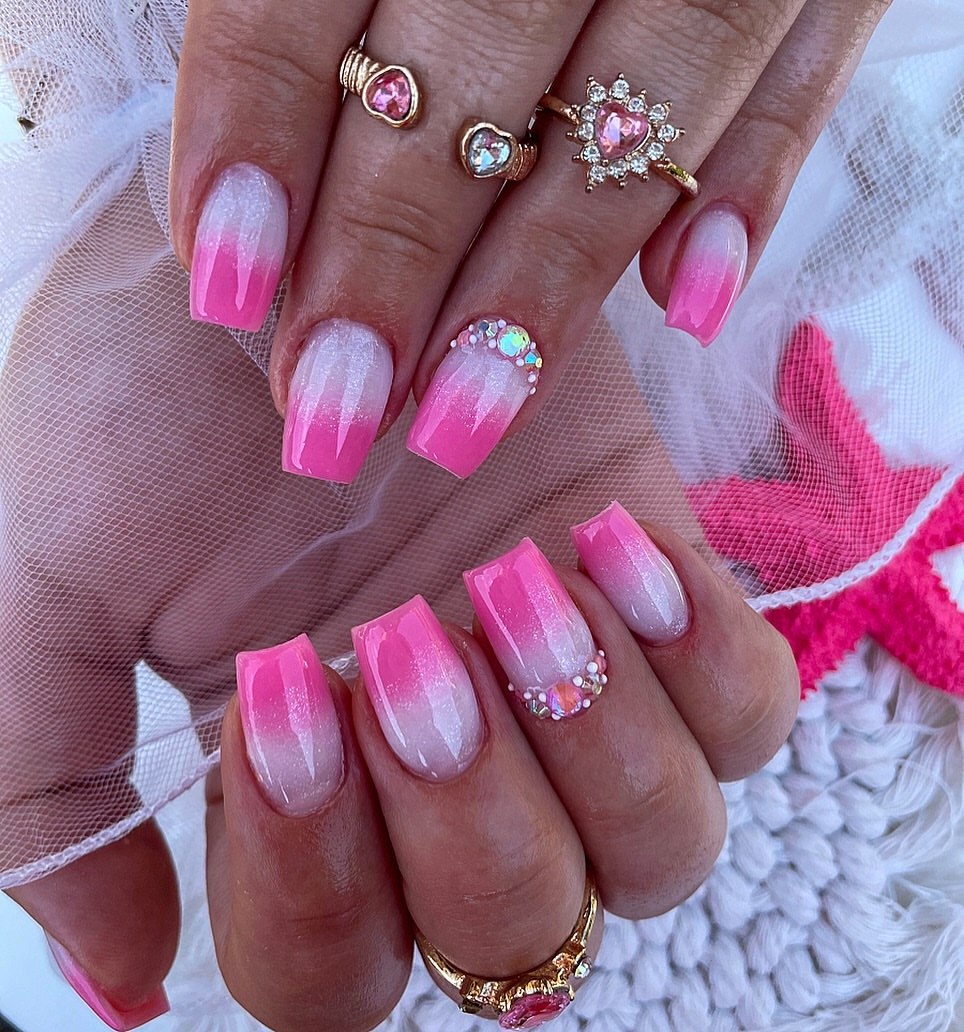 Hot Pink Glitter Ombre Square Nails