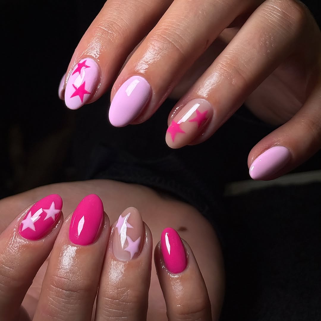 Hot Pink Light Pink Star Power Oval Nails