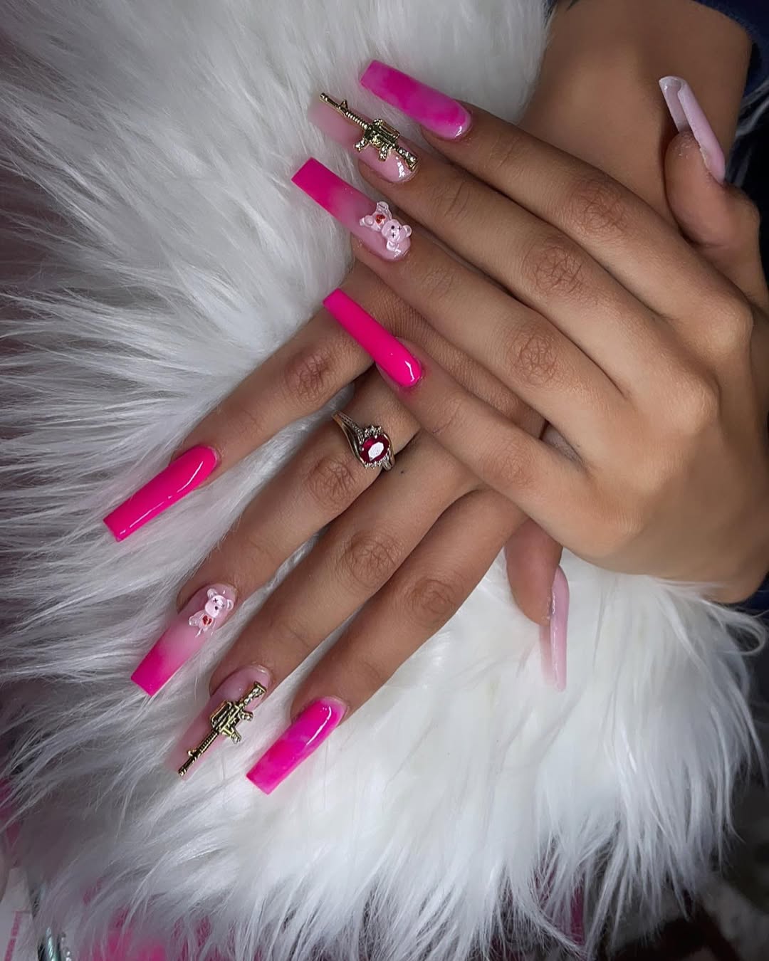 Hot Pink Ombré Coffin Nails with 3D Charms