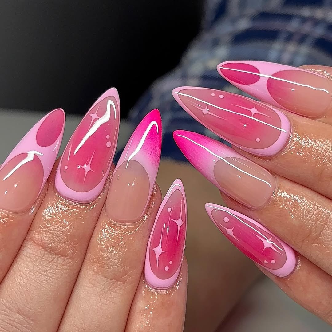 Hot Pink Ombre Stiletto French Tips With Sparkle Details