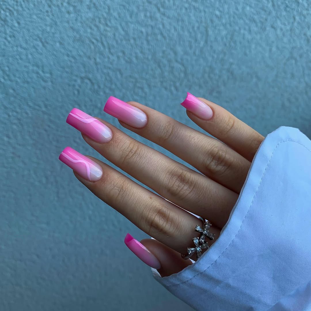 Hot Pink Ombre Wavy Line Art Coffin Nails
