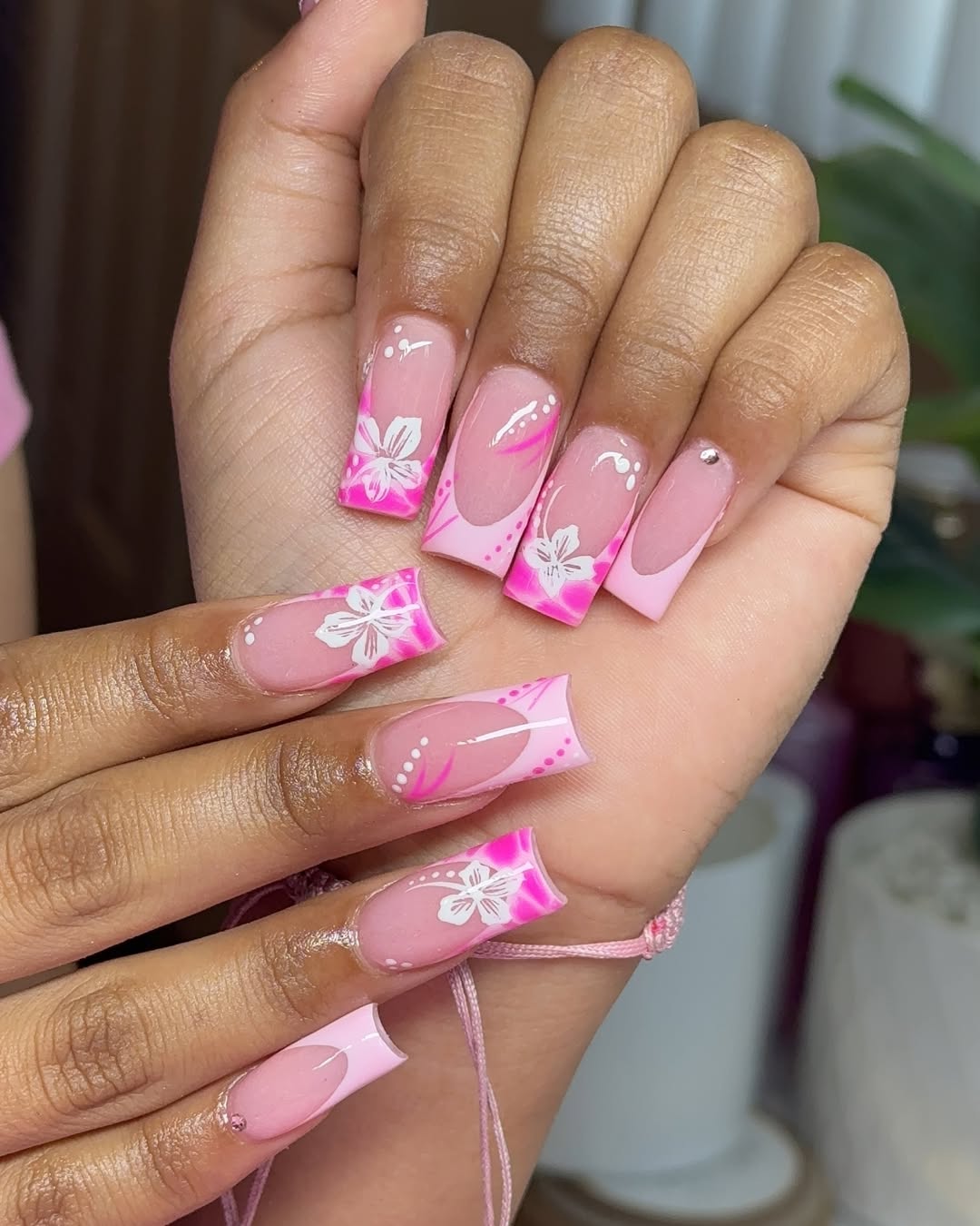 Hot Pink Square French Tips With Hibiscus Art